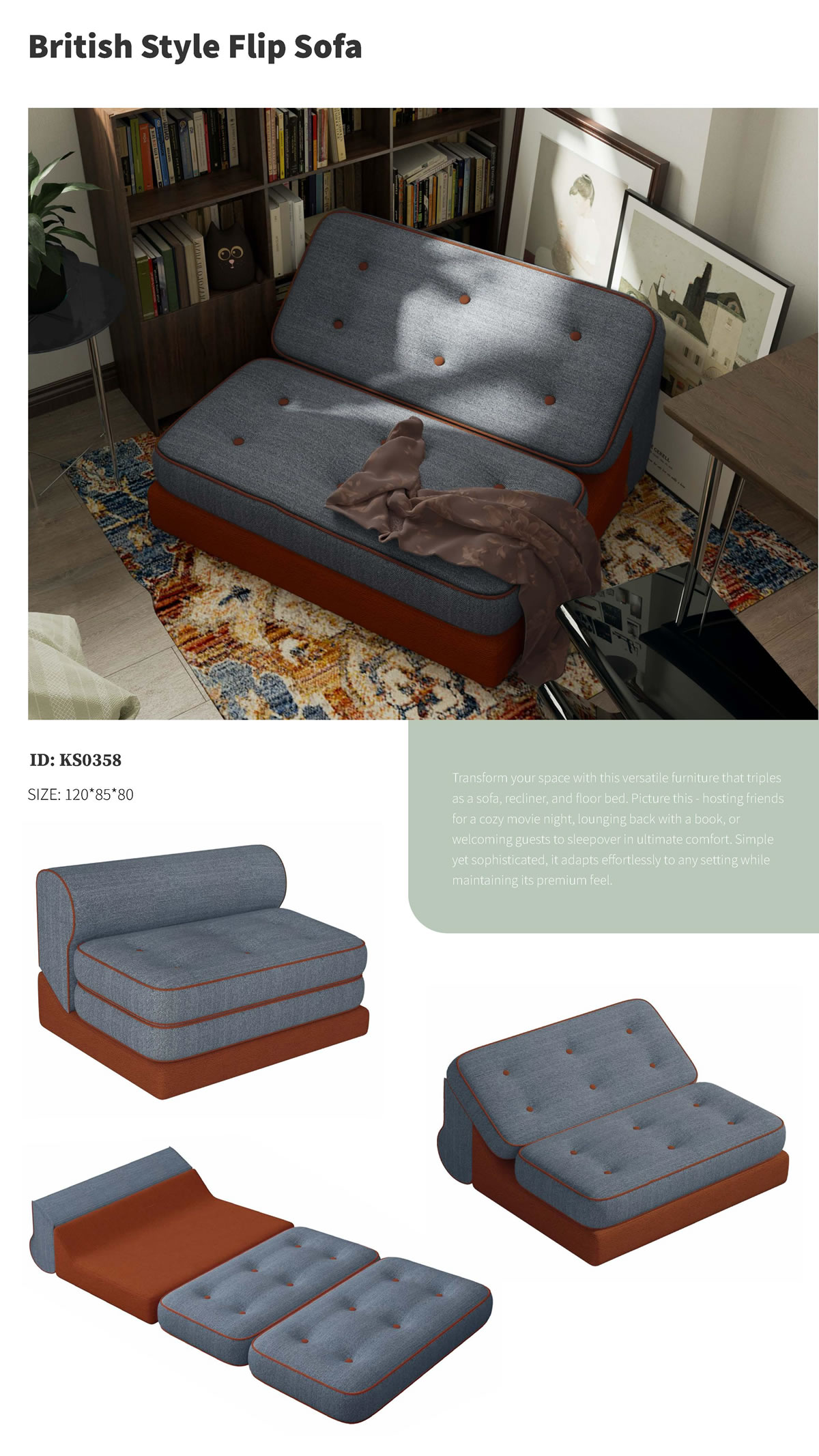Elegant British Flip Sofa – Versatile Comfort for Any Occasion
