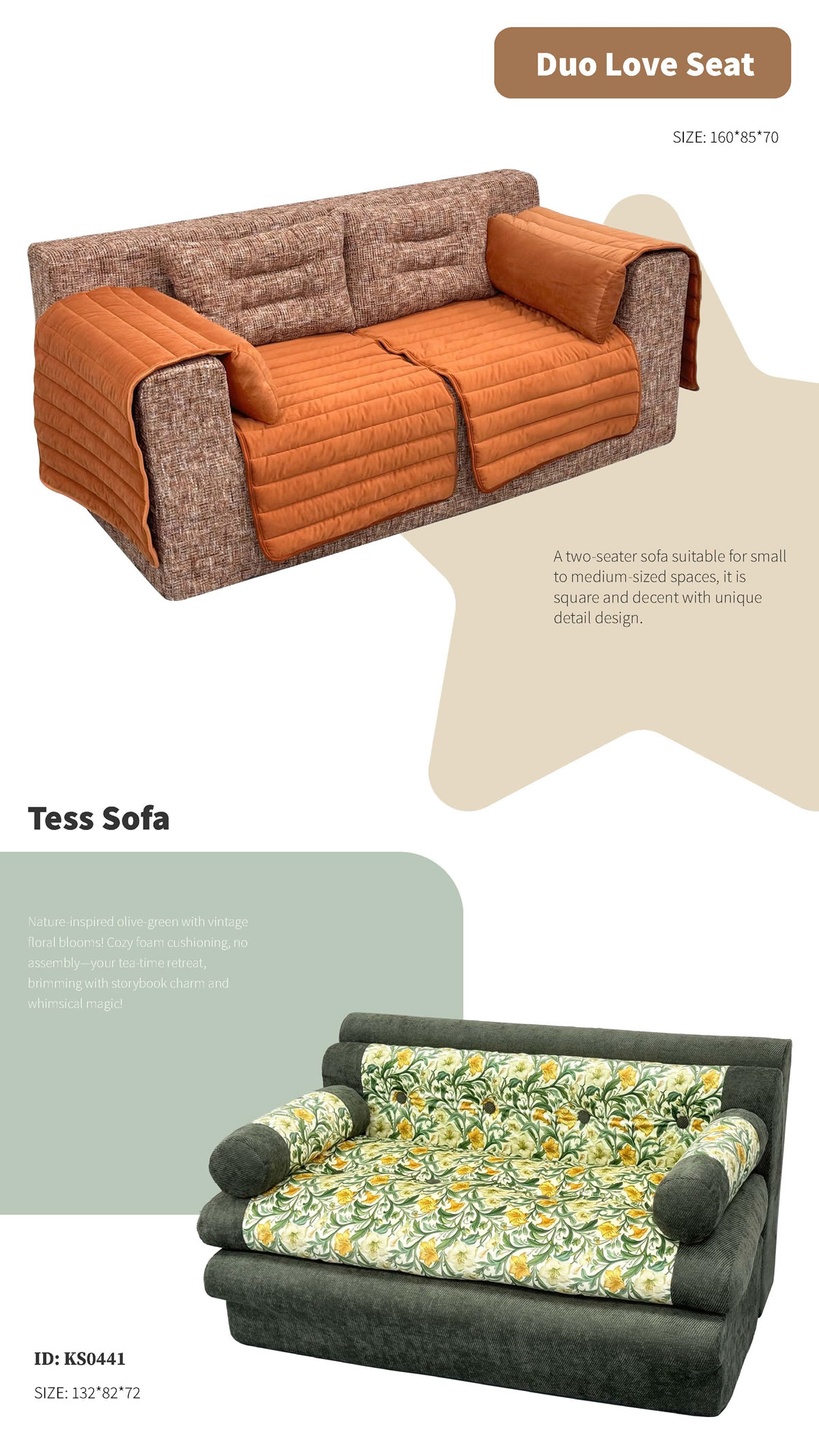 Duo Love Seat & Tess Sofa – Compact Comfort with Vintage Charm