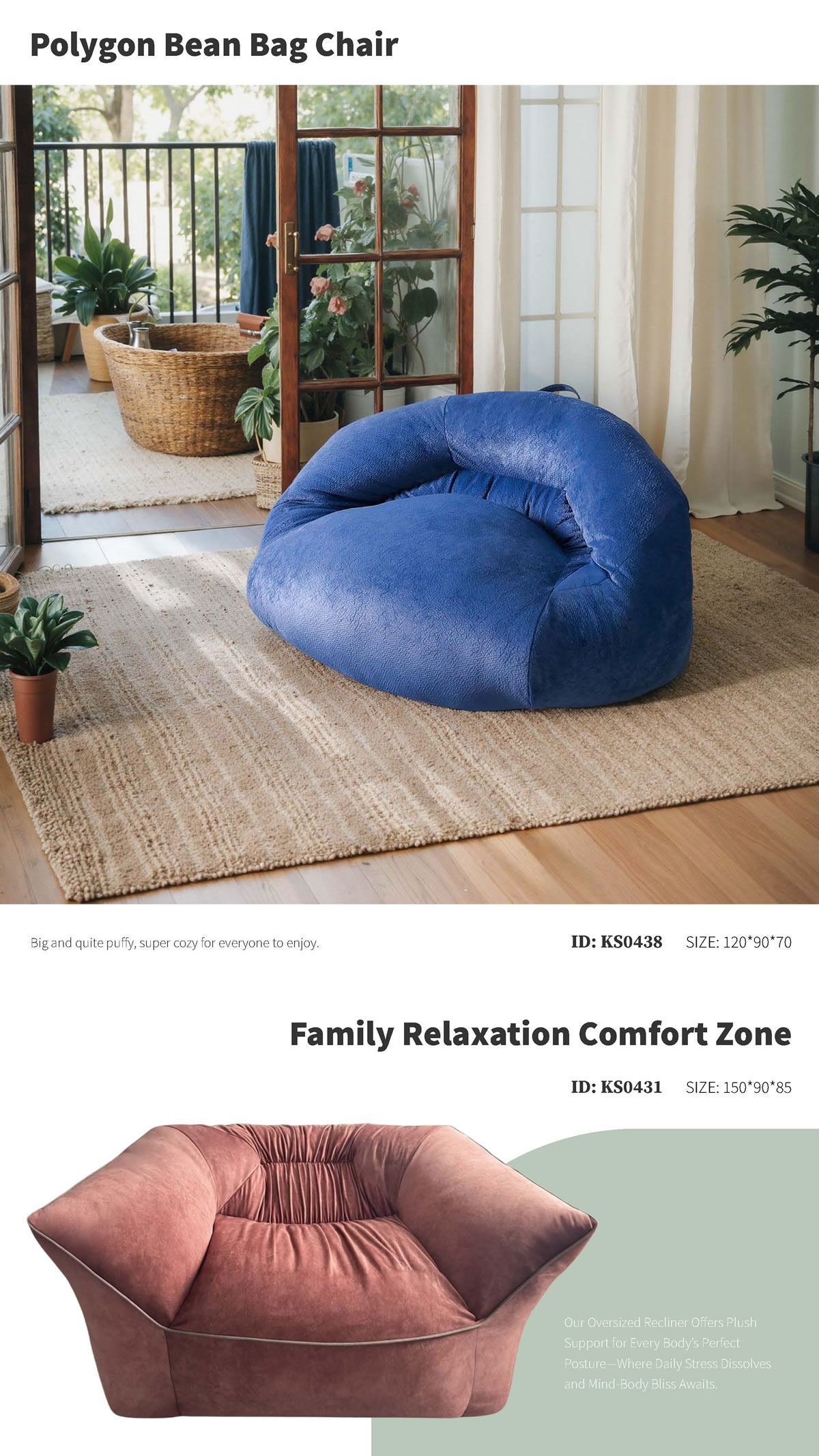 Polygon Bean Bag Chair & Oversized Recliner – Ultimate Comfort for Family Relaxation