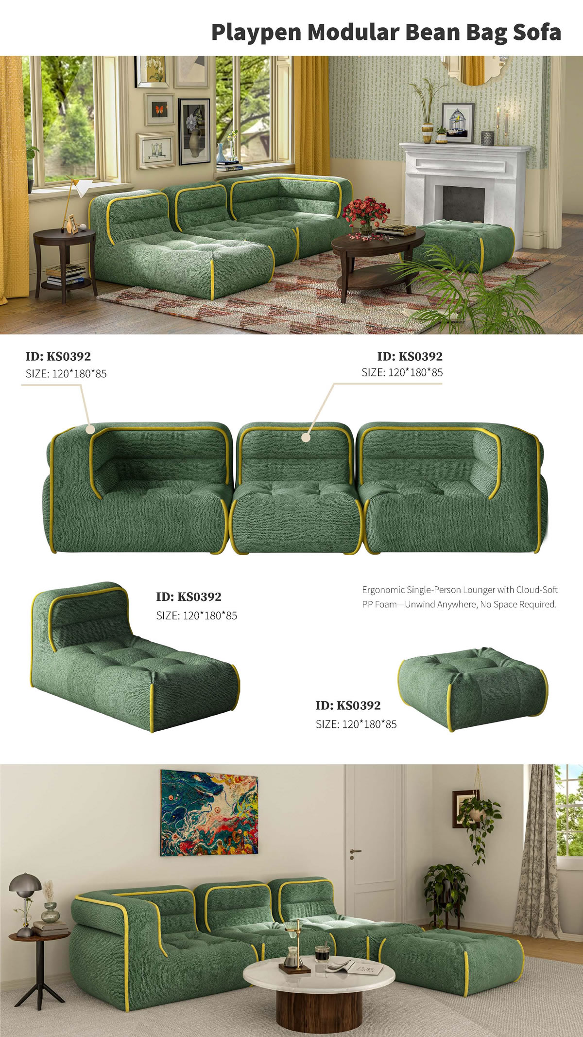 Playpen Modular Bean Bag Sofa - Compact, Cloud-Soft Lounger for Ultimate Relaxation