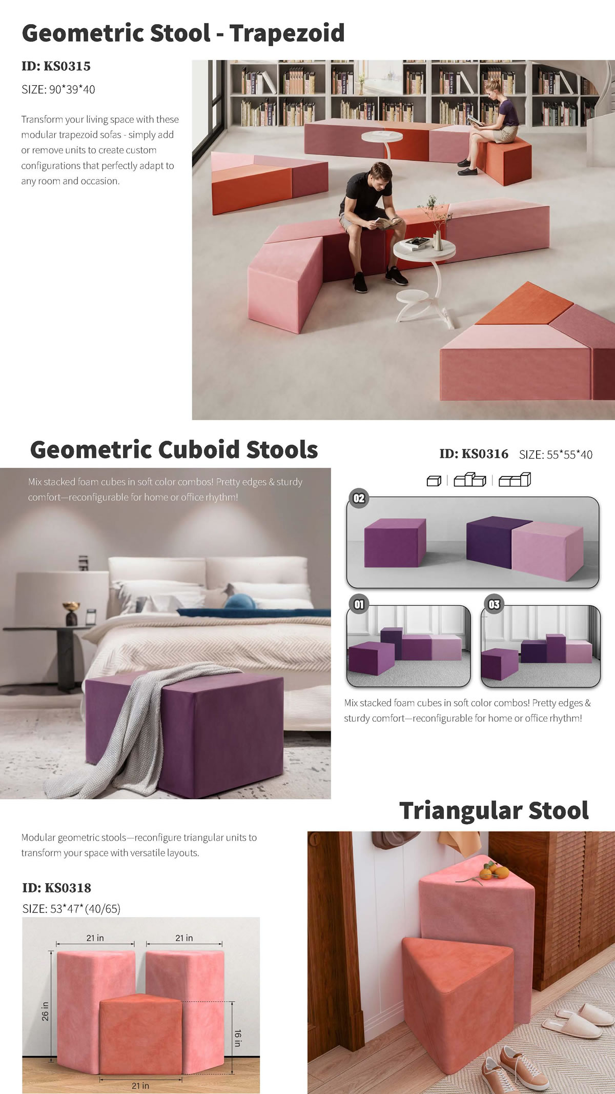 Versatile Geometric Stools - Trapezoid, Cuboid & Triangular Designs for Dynamic Spaces