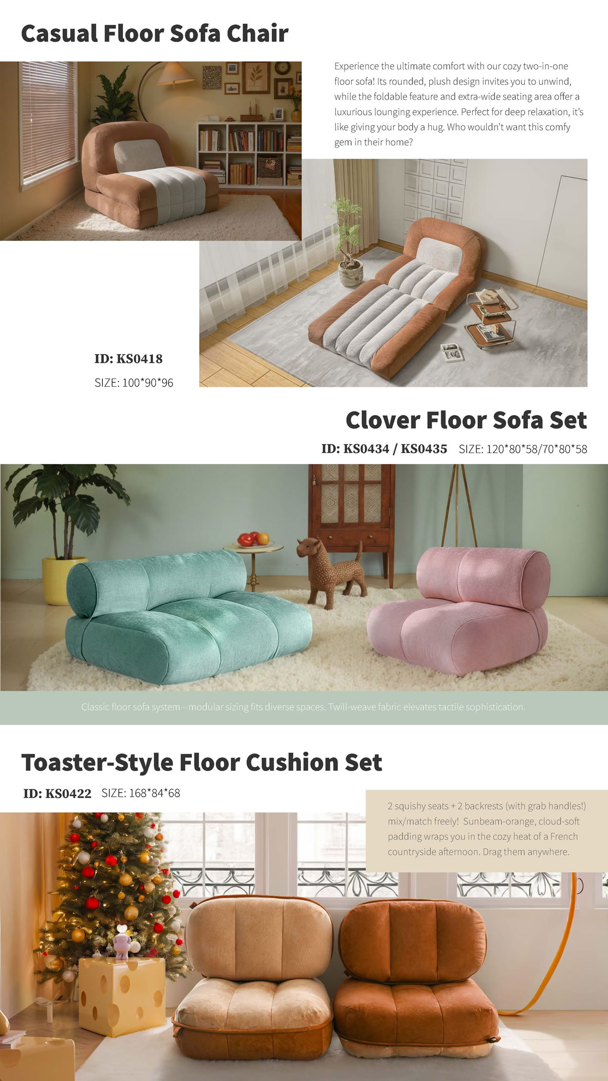 Versatile Floor Seating Collection: Casual Sofa, Clover Set & Toaster-Style Cushions