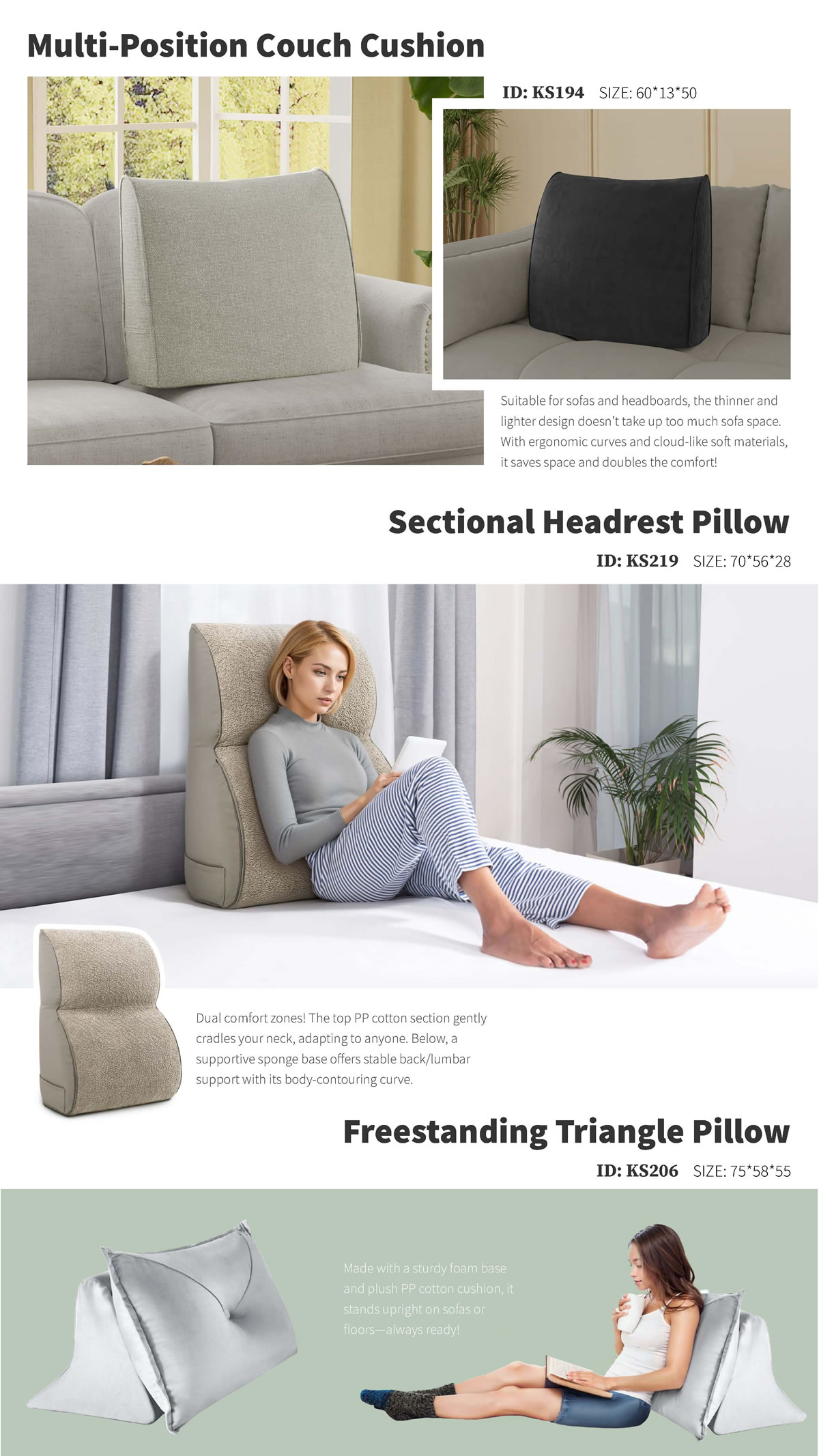 Versatile Comfort: Multi-Position Couch Cushion, Sectional Headrest Pillow, and Freestanding Triangle Pillow