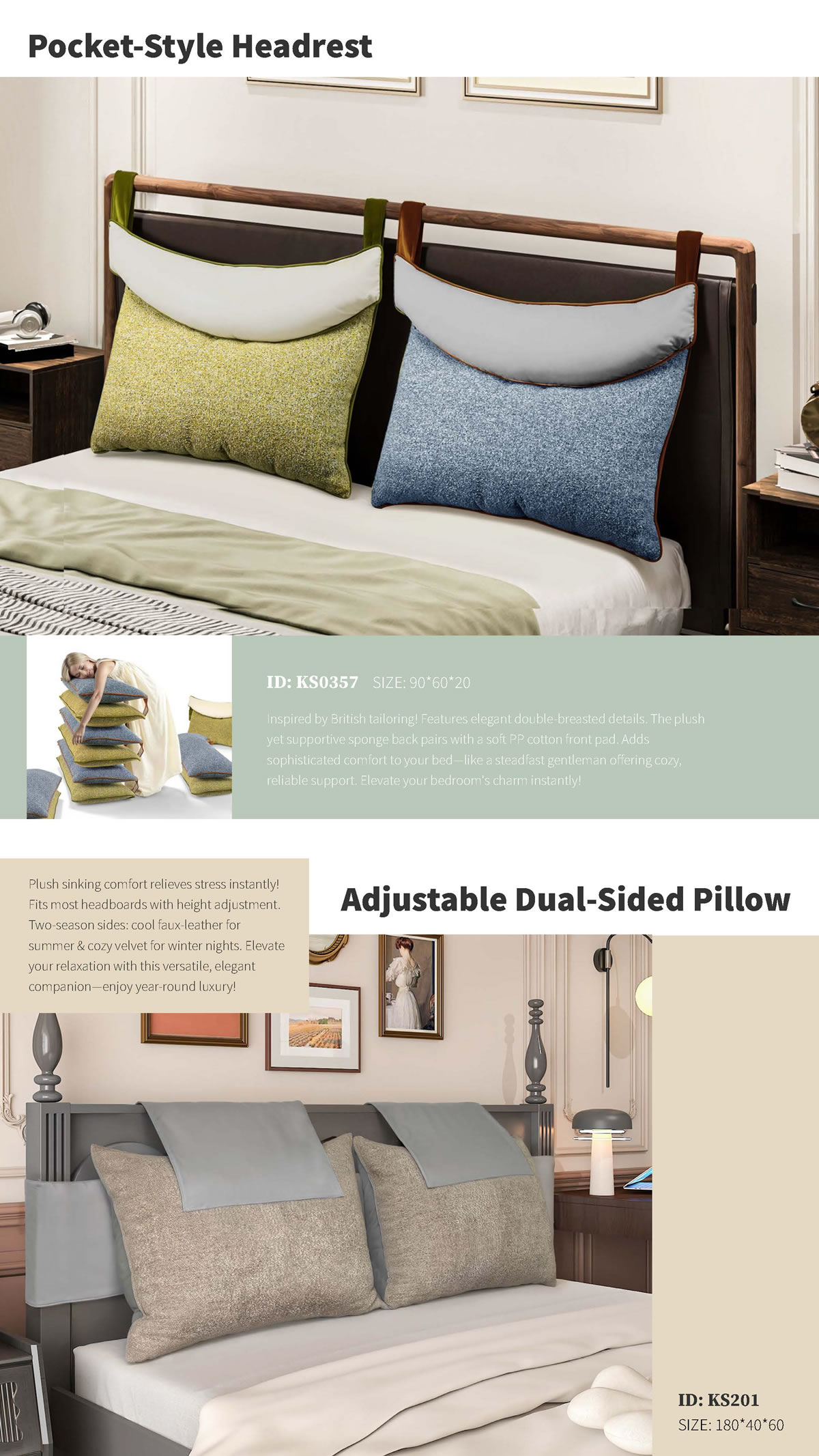 Elegant Pocket-Style Headrest & Adjustable Dual-Sided Pillow for Year-Round Comfort