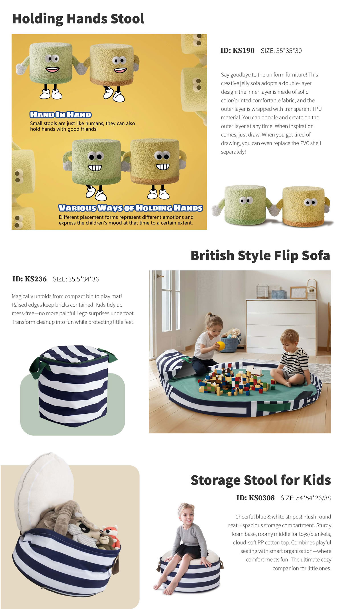 Creative Kids' Furniture Trio: Holding Hands Stool, British Flip Sofa & Storage Stool
