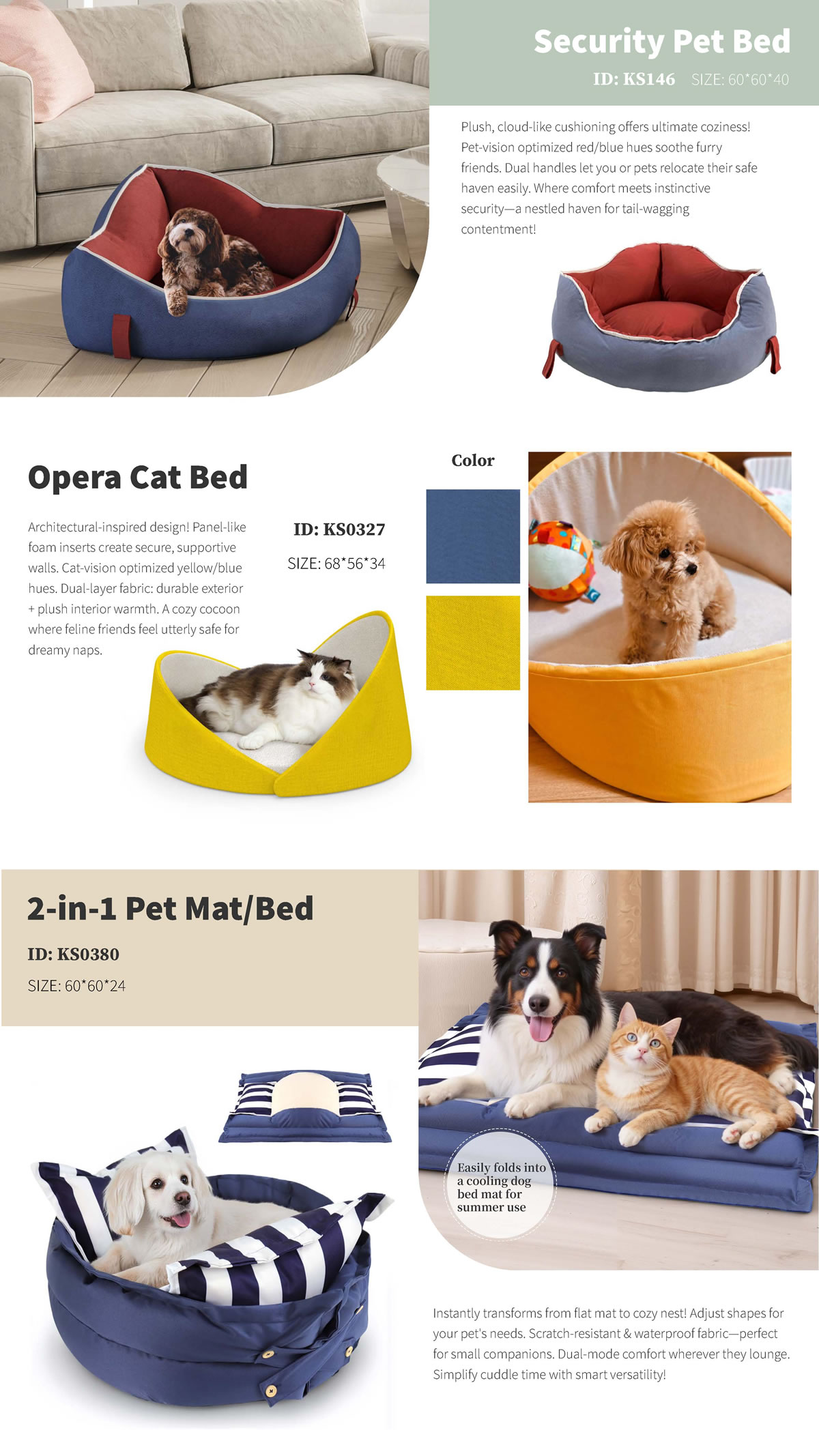 Cozy Haven Collection: Security Pet Bed, Opera Cat Bed & 2-in-1 Pet Mat/Bed for Ultimate Comfort