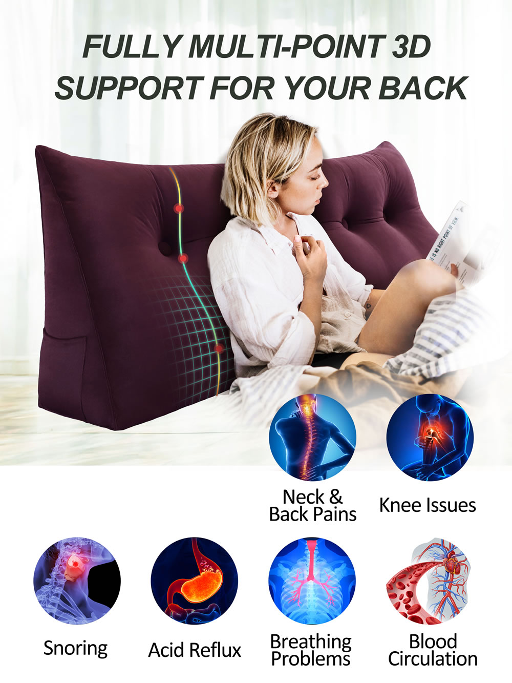 Back Pain Pillow, Wedge Pillow, Back Cushion, Pillow for Back Support, Back  Rest for the Bed 